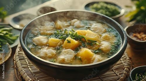 A wide-angle shot of a steaming bowl of Canh Chua soup placed on a bamboo mat, featuring tender fish fillets, vibrant pineapple chunks, and fresh herbs floating in a clear, sour broth.