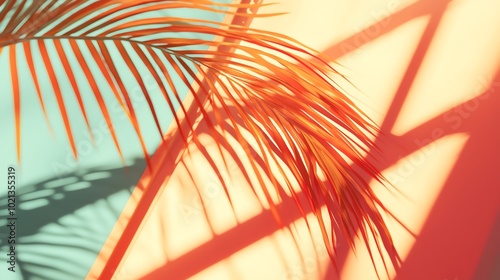 Vibrant palm leaf shadow against colorful background, capturing the essence of tropical aesthetics and sunlight play.