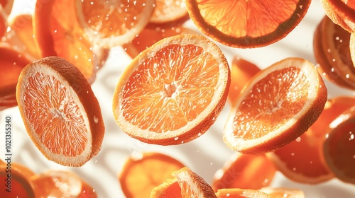 Vibrant orange slices floating in the air, showcasing their juicy texture and bright color, perfect for food and beverage themes.