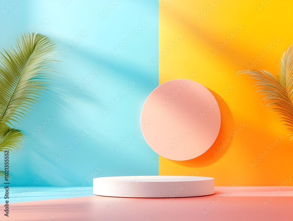 Fototapeta premium Visually stunning 3D rendered modern studio space with vibrant color gradient backdrop simple floor and wall product display pedestal subtle shadow play from overhead lighting