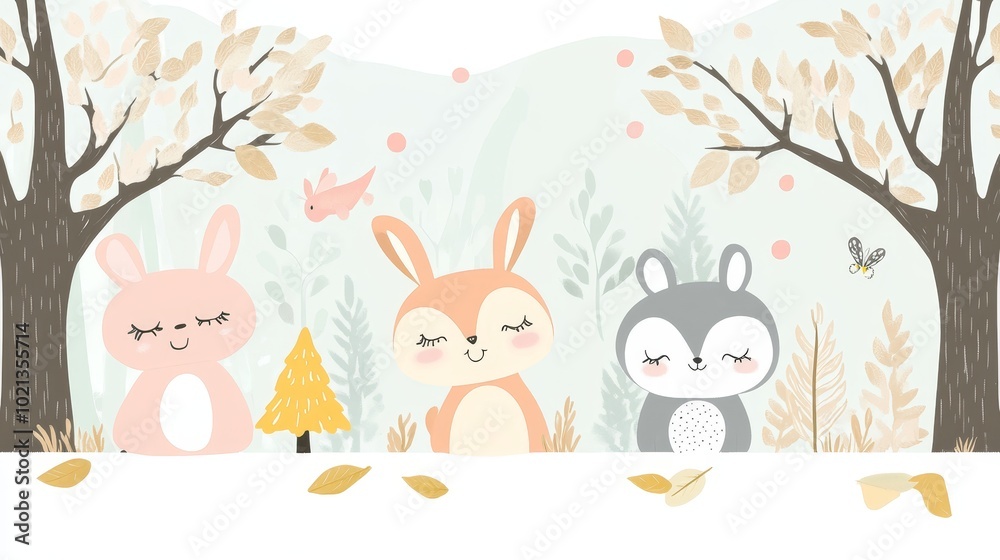 Fototapeta premium A whimsical illustration featuring three cute rabbits in a serene autumn setting with trees and falling leaves.