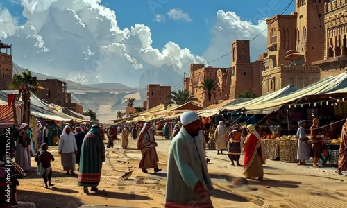 A painting of a busy market with people walking around and carrying baskets Video