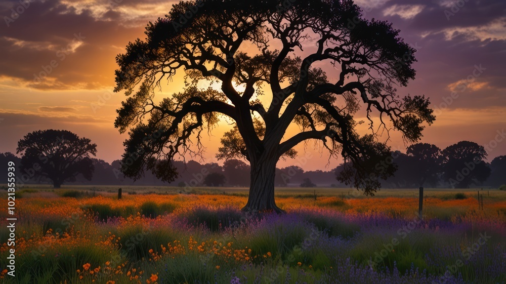 A silhouette of a large tree stands in a field of wildflowers at sunset. A silhouette of a large tree stands in a field of wildflowers at sunset.