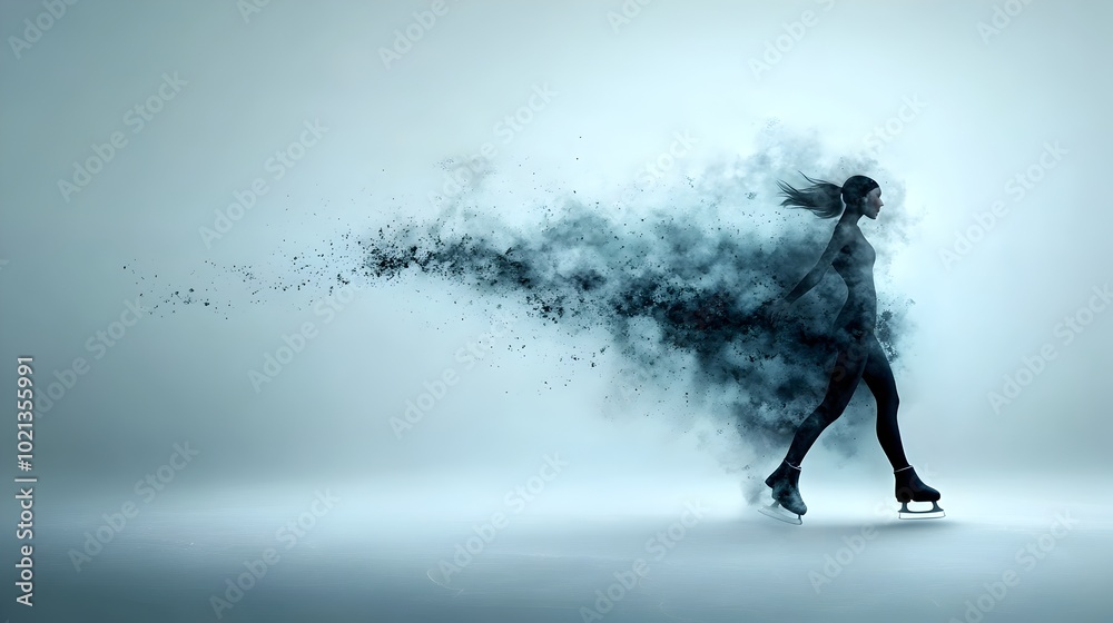 Naklejka premium Graceful figure skater gliding across an ethereal dreamlike icy stage their form exuding poise elegance and captivating A mesmerizing display of athletic talent and fluid motion