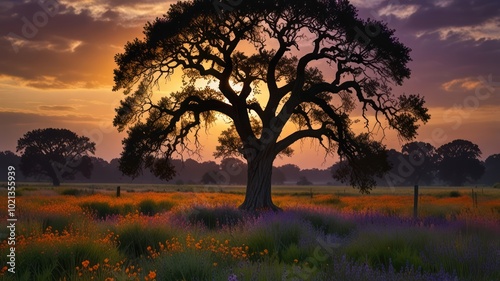 A silhouette of a large tree stands in a field of wildflowers at sunset.