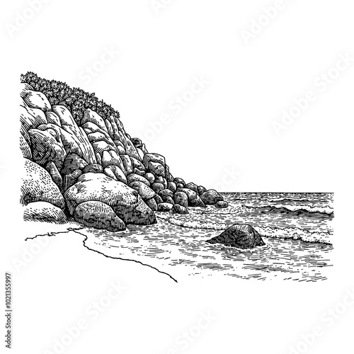 Black and White Outline Line Art Drawing of Rocky Seascape with Waves, Beach, and Cliff