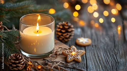 White Christmas candle on rustic wooden boards - Decoration with natural elements, twigs, pine cones and cookies. - First Advent Sunday , Advent banner, panorama with magic bokeh lihgts photo