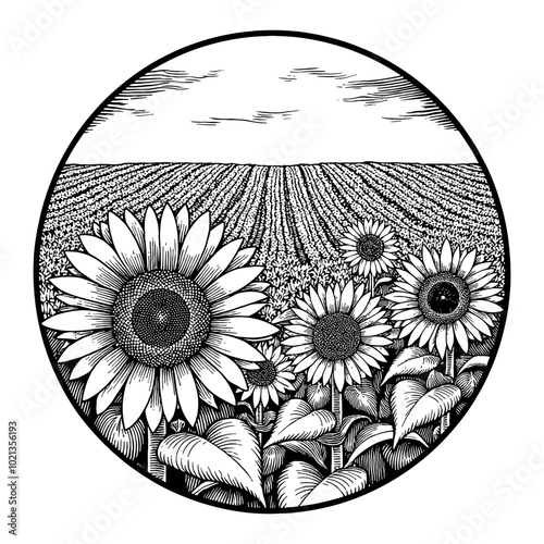 Black and White Outline Line Art Drawing of Sunflower Field Panorama with Sky and Sun