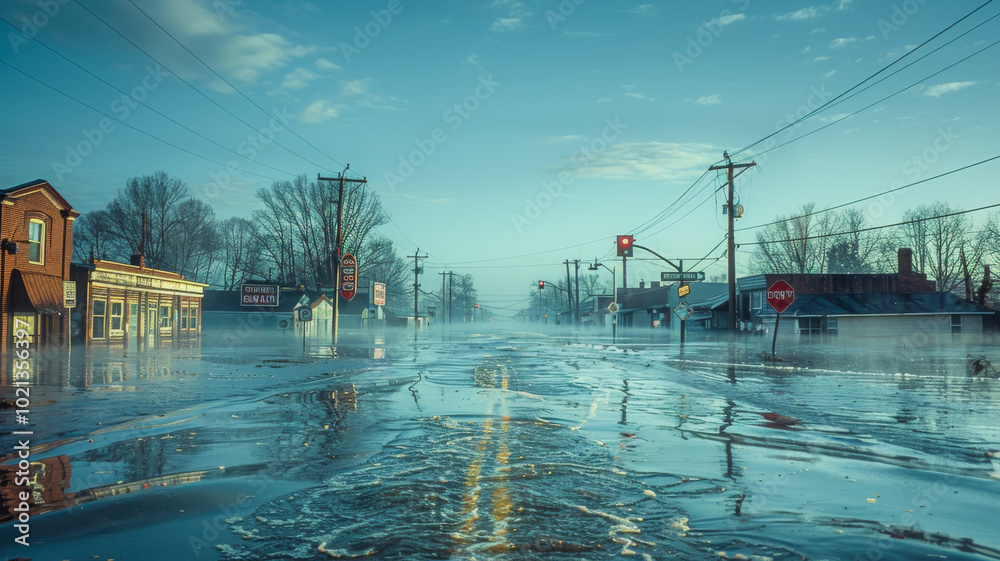 Fototapeta premium Catastrophic Flood Swallows Town