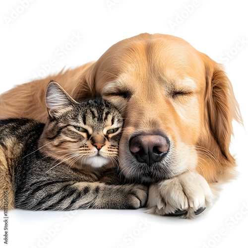 A tabby cat snuggles up to a golden retriever for a nap.