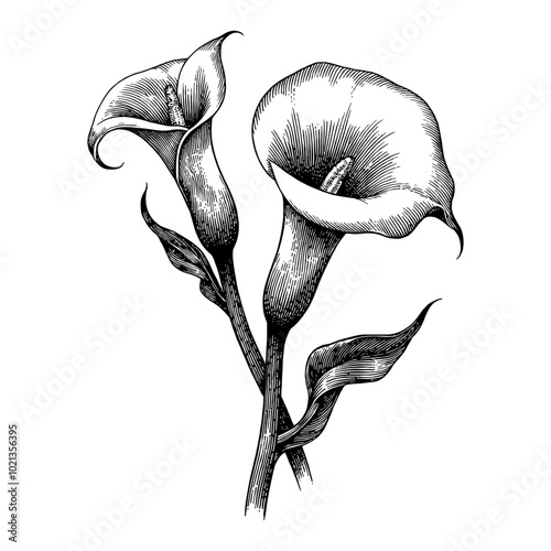 Black and White Outline Line Art Drawing of Calla Lily Flowers in Vintage Style