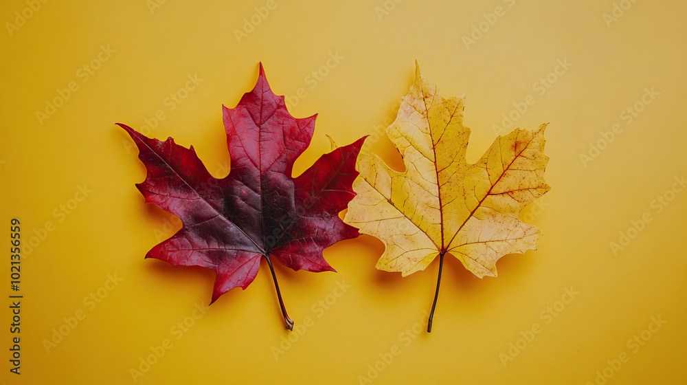 Fototapeta premium The Beautiful Autumn Leaves Displaying Vibrant Colors on a Bright Yellow Background