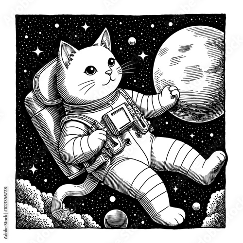 Black and White Outline Line Art Drawing of a Cat Astronaut Floating in Space With a Planet in the Background