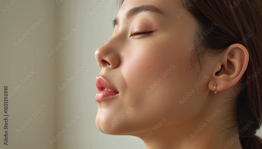 Close-up of meditating woman, experiencing calm, with eyes closed, soft natural light Close-up of meditating woman, experiencing calm, with eyes closed, soft natural light