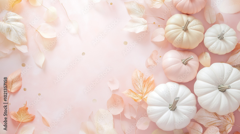 Warm and soft autumn flat lay with a blush pink background, featuring pastel-colored pumpkins, soft beige leaves, and warm golden lighting effects. Feminine and delicate, ideal for a gentle presentat Warm and soft autumn flat lay with a blush pink background, featuring pastel-colored pumpkins, soft beige leaves, and warm golden lighting effects. Feminine and delicate, ideal for a gentle presentat