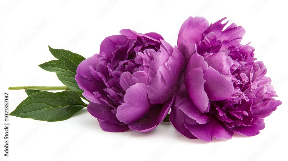 A pair of vibrant purple peonies with lush green leaves, symbolizing beauty and elegance. A pair of vibrant purple peonies with lush green leaves, symbolizing beauty and elegance.