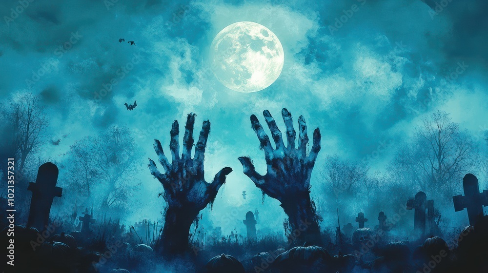 Obraz premium Zombie Hands Rising Out Of A Graveyard With Full Moon And Halloween Pumpkins