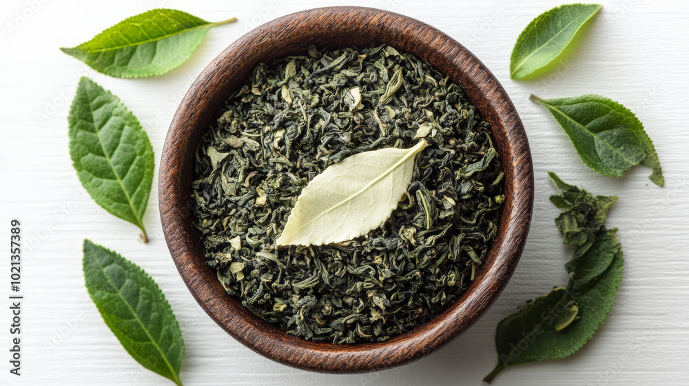 A wooden bowl filled with dried green tea leaves, surrounded by fresh tea leaves on a white surface.