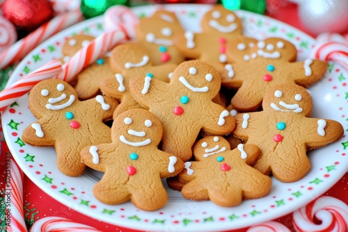 Decorative gingerbread cookies on a festive plate with holiday decorations.