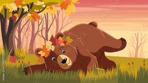 A bear with a leaf crown, playfully rolling in the grass, bathed in the warm glow of sunset.