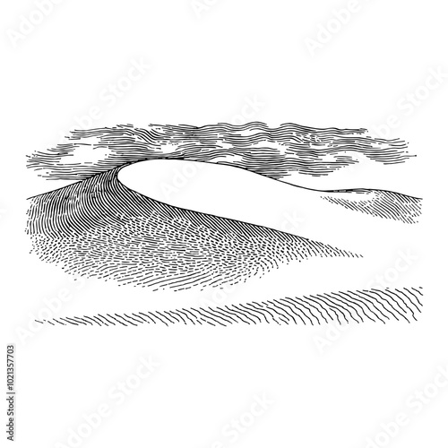 Desert Landscape with Dune Black and White Outline Line Art Drawing