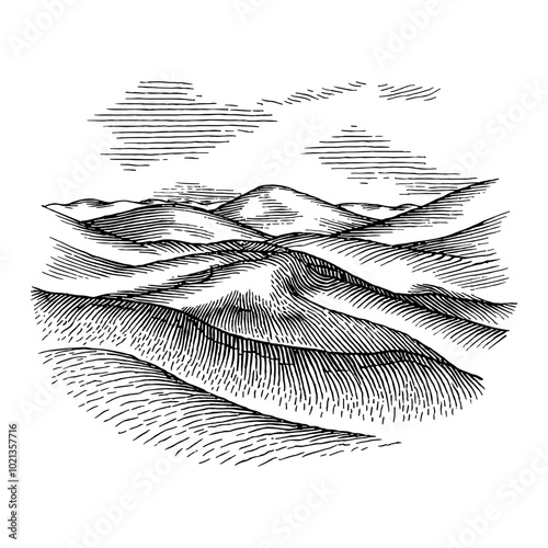 Detailed Black and White Outline Line Art Drawing of Desert Landscape with Dunes and Clouds