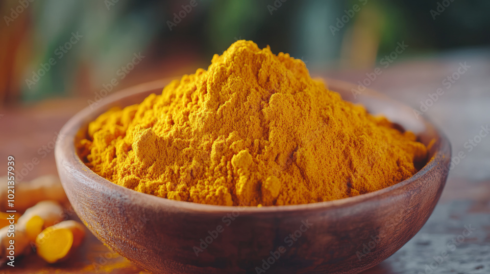 A wooden bowl filled with vibrant yellow turmeric powder, known for its use in cooking and traditional medicine for its anti-inflammatory properties.