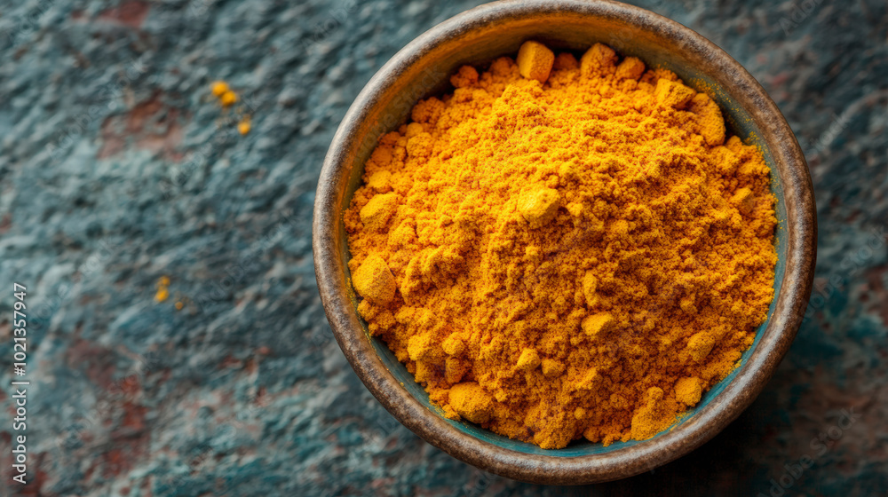 A bowl of vibrant yellow turmeric powder sits on a textured surface, showcasing its rich color and fine texture. A bowl of vibrant yellow turmeric powder sits on a textured surface, showcasing its rich color and fine texture.
