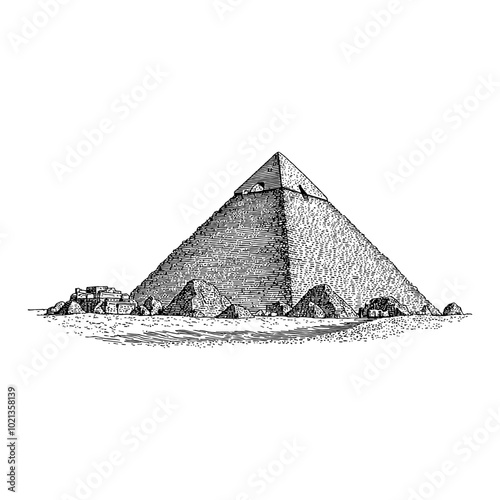 Black and White Outline Line Art Drawing of Pyramid in Desert with Smaller Pyramids in Foreground