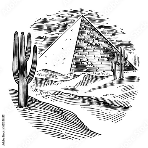 Black and White Outline Line Art Drawing of a Desert Landscape with a Pyramid and Cacti