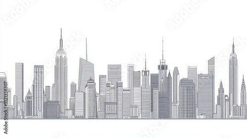 A seamless pattern featuring an outline of the New York City skyline, showcasing modern buildings and iconic landmarks. The vector illustration displays the cityscape in a clean, continuous design