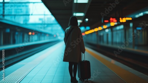 A Solitary Traveler Awaits a Train at a Dimly Lit Urban Station During Twilight Hours