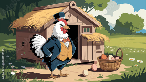 A chicken in a dapper suit standing proudly in front of a rustic coop.