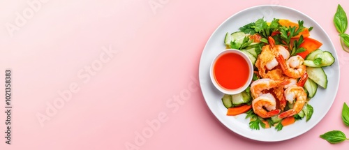 Delicious shrimp salad on a white plate with vibrant vegetables, served with sauce.