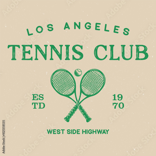 Vintage artwork for sportswear. Tennis club vector t-shirt design. New York tennis league graphic print design. Racket tournament. Tennis college league. Retro varsity tennis logos prints.