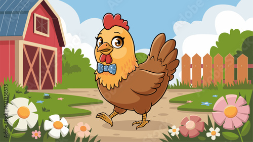 A chicken with a tiny bowtie strutting around a sunny farmyard with colorful flowers.