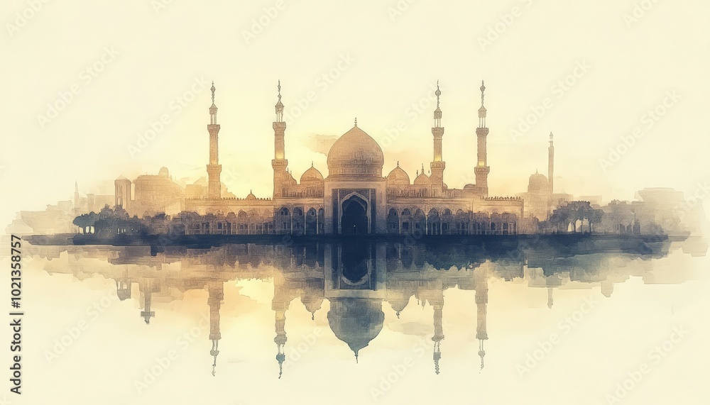 Obraz premium Mosque Silhouette with Reflection in Water.