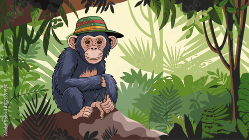 A chimpanzee with a colorful hat sitting on a rock surrounded by lush foliage in a dense jungle.
