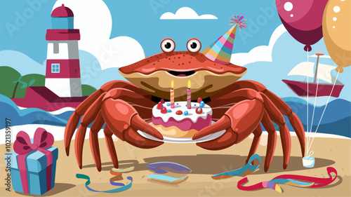 A festive birthday scene with a crab and a tiny cake on a sandy shore.