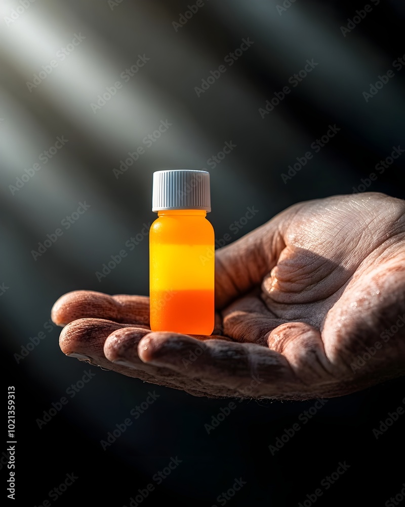 Close up of a weathered aged hand holding a bottle of sunscreen skin tone displaying visible signs of sun damage and exposure with bright natural light casting dramatic shadows on the scene Close up of a weathered aged hand holding a bottle of sunscreen skin tone displaying visible signs of sun damage and exposure with bright natural light casting dramatic shadows on the scene