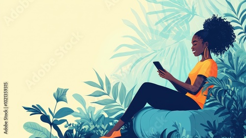 Joyful African Woman in a Garden: Modern Connectivity Illustration