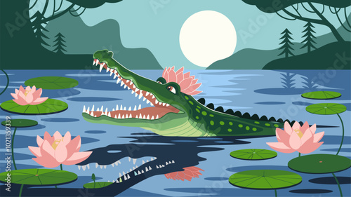 A crocodile emerging from water with a lotus flower crown, jaws open, under the moonlight.