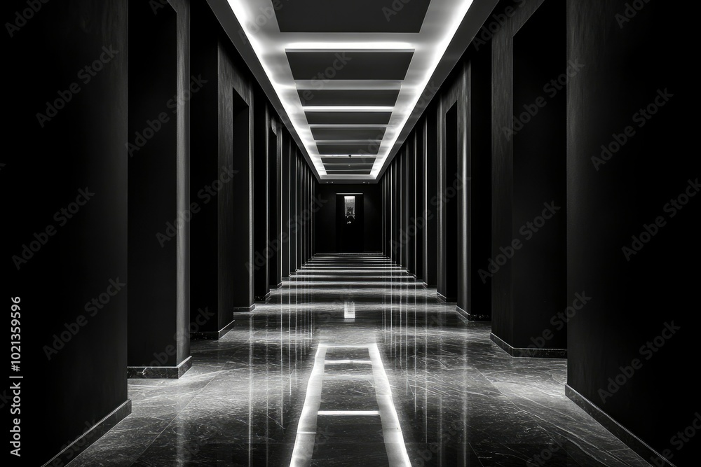 A Black and White Hallway with Recessed Lighting A Black and White Hallway with Recessed Lighting