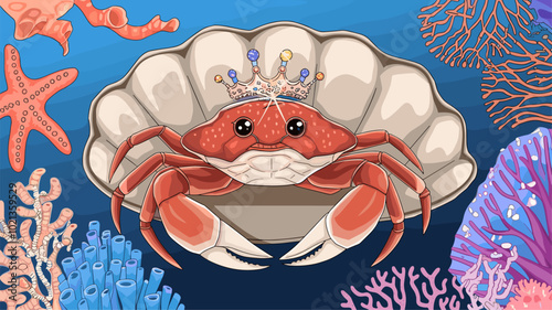 A crab with a sparkling crown majestically perched on a large shell.