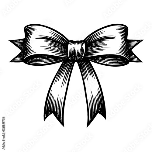 Vintage Detailed Black and White Outline Line Art Drawing of a Long Bow with Ribbon