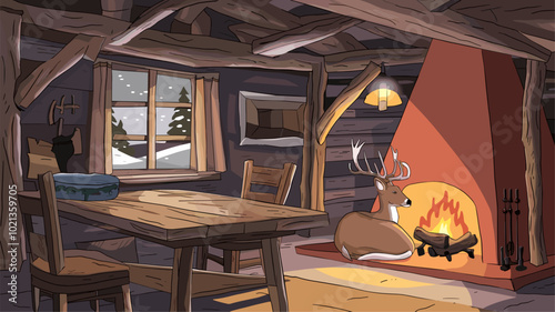 A deer curled up by a fireplace in a rustic cabin, with a snowy landscape visible through the window and a cozy atmosphere.