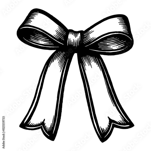 Black and White Outline Line Art Drawing of a Long Bow and Ribbon