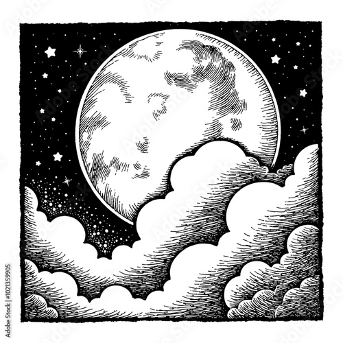 Black and White Outline Line Art Drawing of Moon in Night Sky with Clouds and Stars
