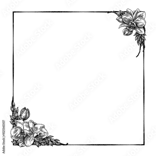 Black and White Outline Line Art Drawing of Two Orchid Flowers in Corner Frame