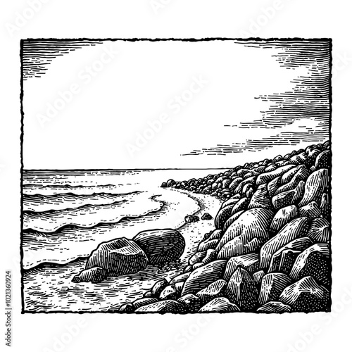 Black and White Outline Line Art Drawing of Rocky Seashore View with Waves
